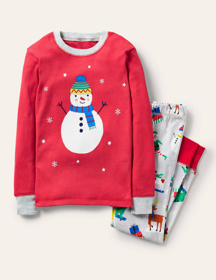Anliegender langer Schlafanzug mit Applikation-Rockabilly-Rot/Grau, Schneemann