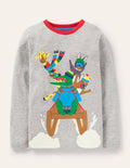 T-shirt à appliqué animal aux sports d'hiver-Animaux sur une luge gris chiné