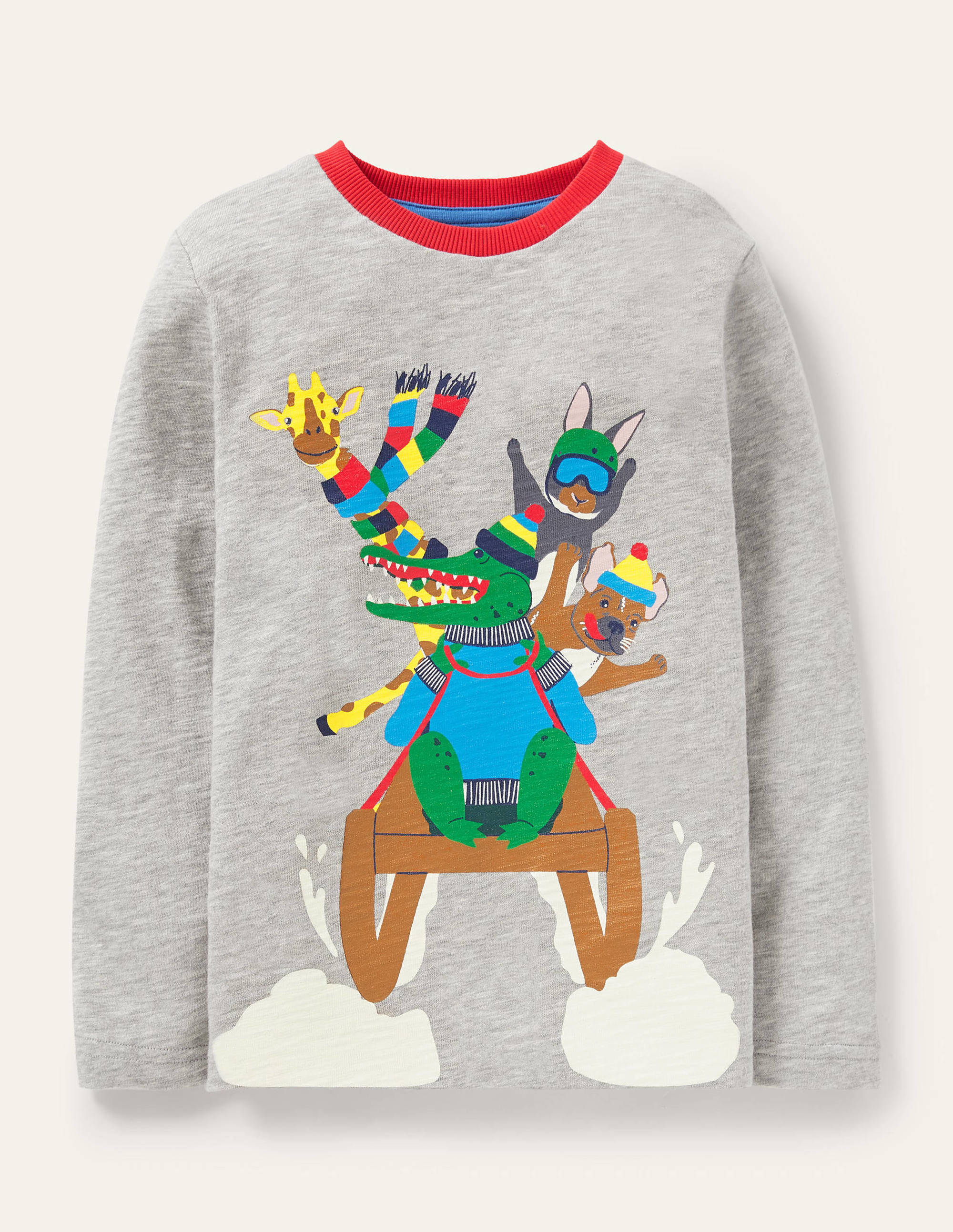 T-shirt à appliqué animal aux sports d'hiver-Animaux sur une luge gris chiné - Image 1