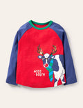 T-shirt manches raglan à jeu de mot festif-Rouge rockabilly/Inscription Moo-Dolph bleu marine