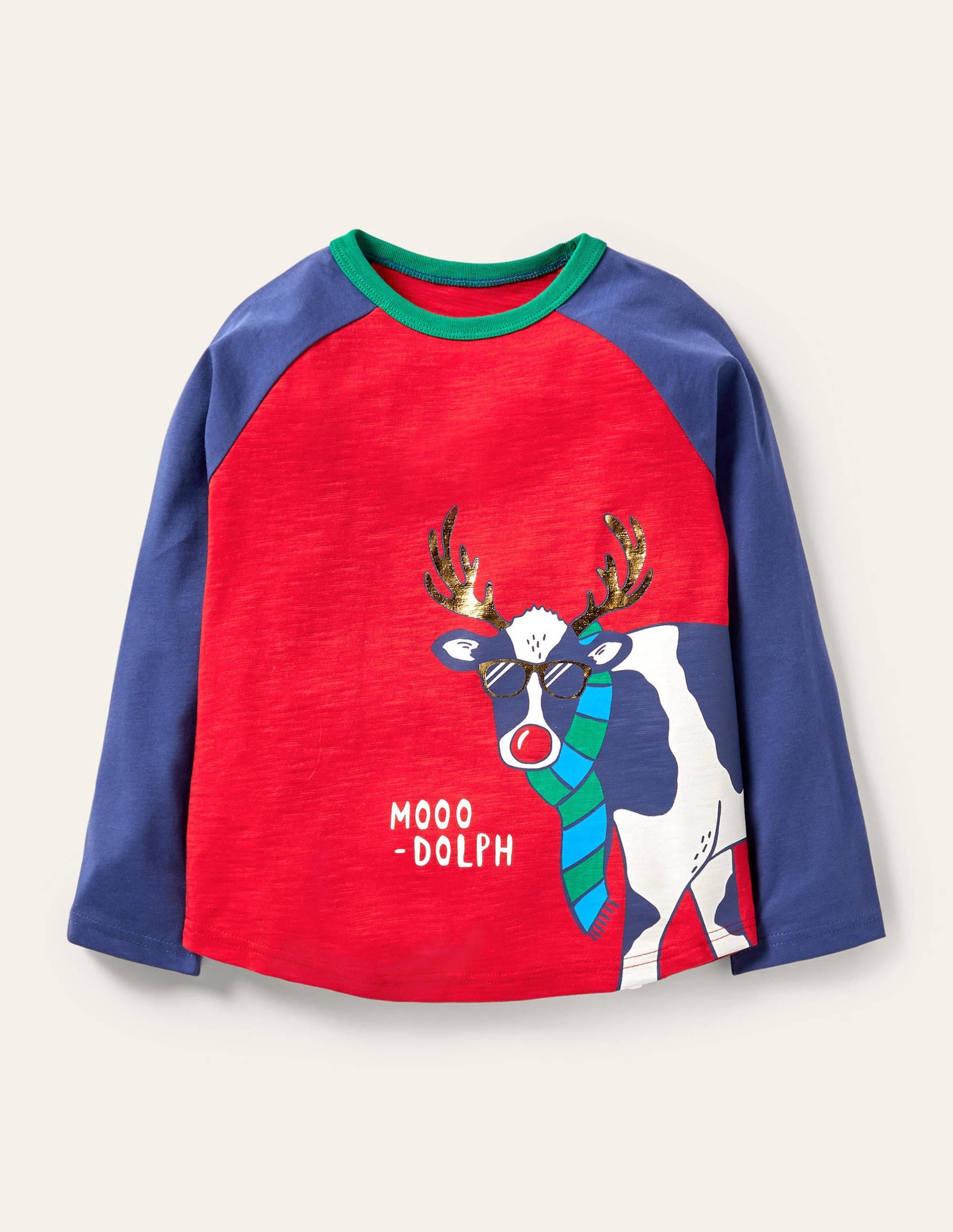 T-shirt manches raglan à jeu de mot festif-Rouge rockabilly/Inscription Moo-Dolph bleu marine-1
