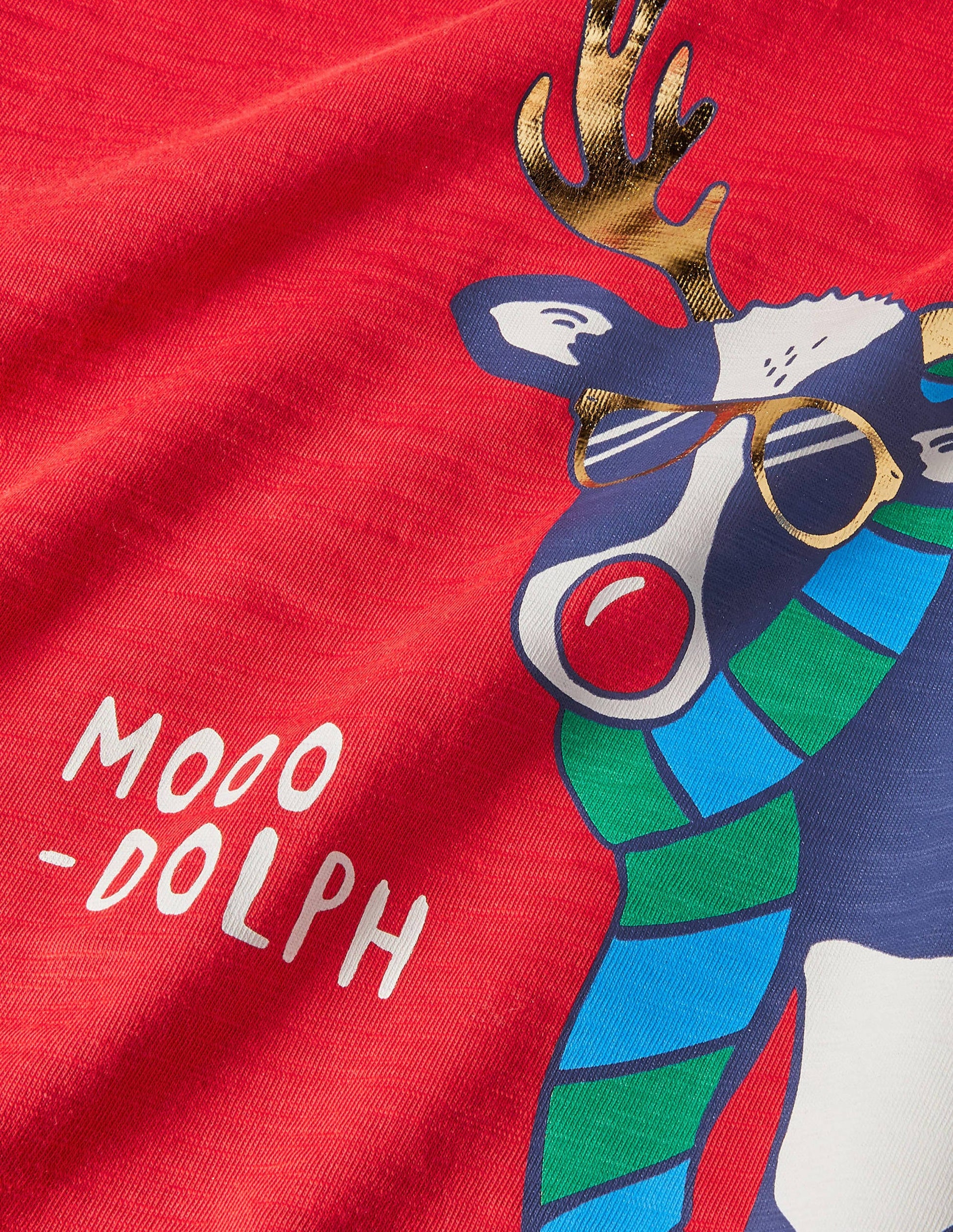T-shirt manches raglan à jeu de mot festif-Rouge rockabilly/Inscription Moo-Dolph bleu marine-3