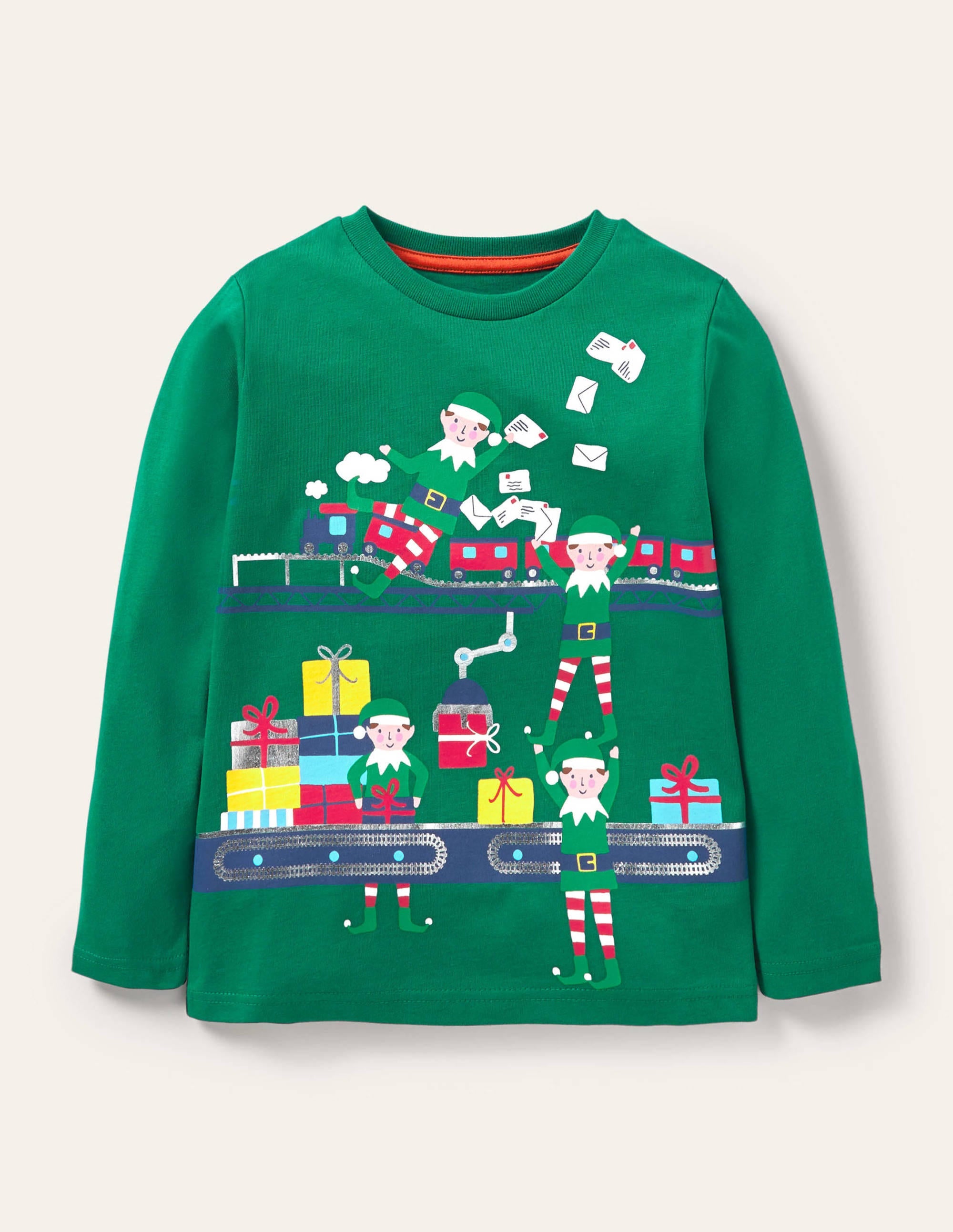 T-Shirt mit Weihnachtsmotiv-Schottengrün, Elfwerkstatt - Image 1
