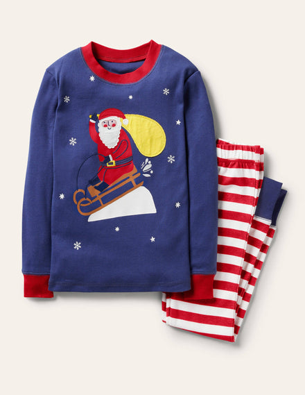 Anliegender langer Schlafanzug mit Applikation-Segelblau, Weihnachtsmann