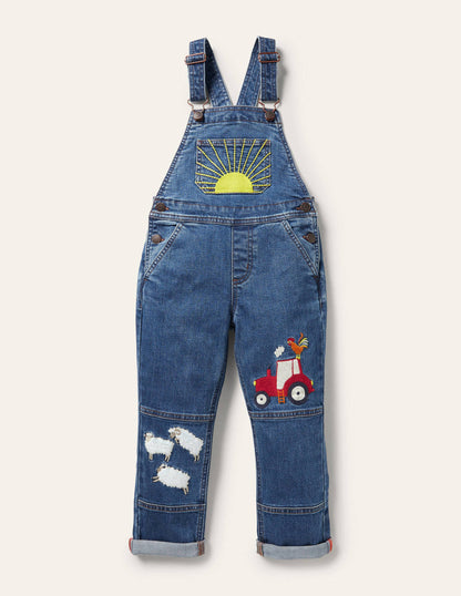 Fröhliche Latzhose-Dunkles Vintageblau, Wettermotiv