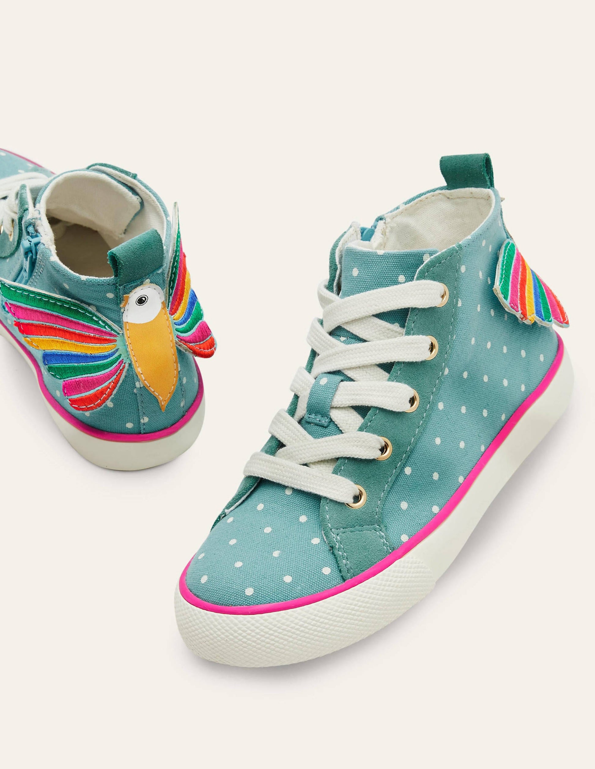 Fröhliche hochgeschnittene Turnschuhe-Bachblau, Regenbogen-Vogel-1