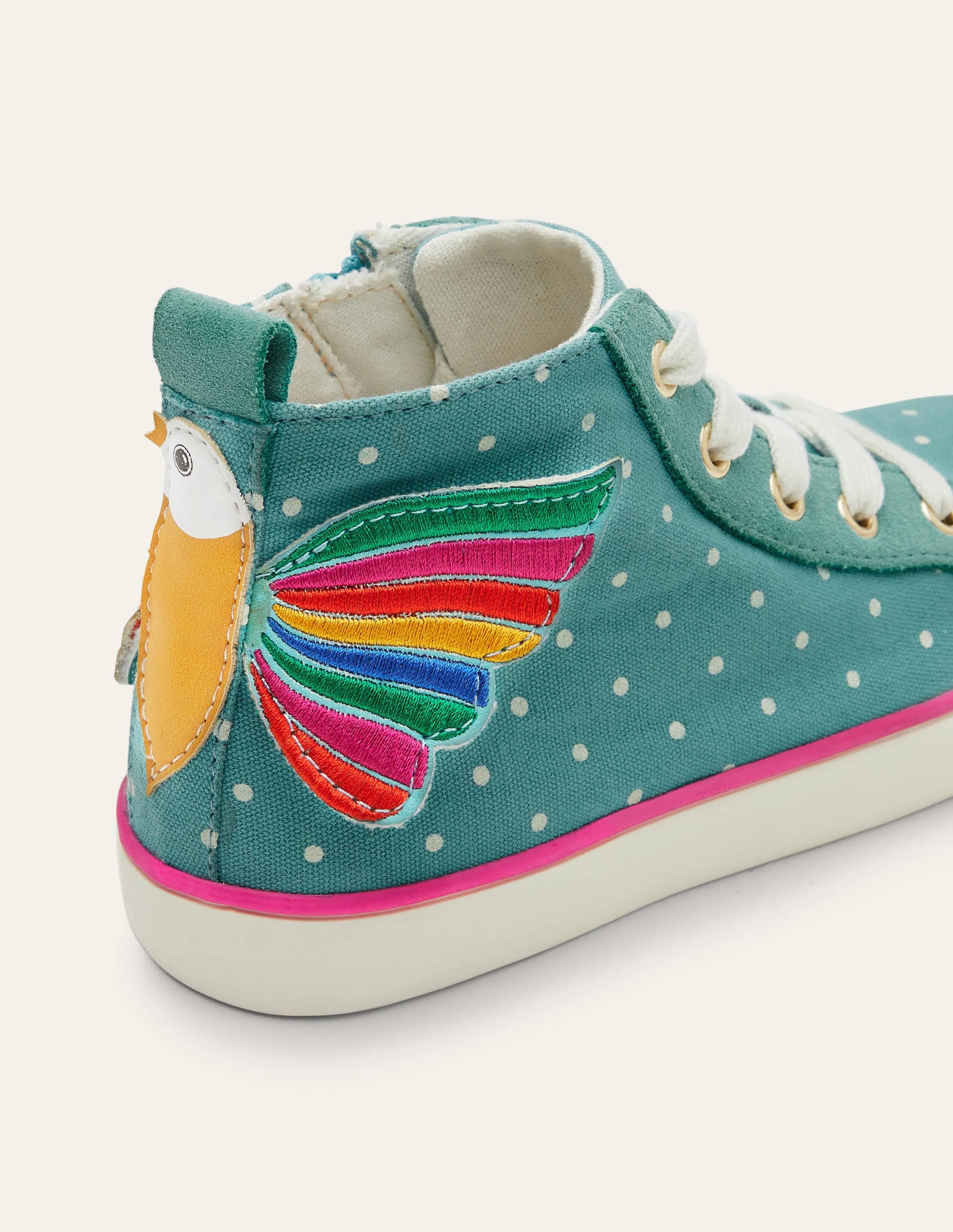 Fröhliche hochgeschnittene Turnschuhe-Bachblau, Regenbogen-Vogel - Image 3