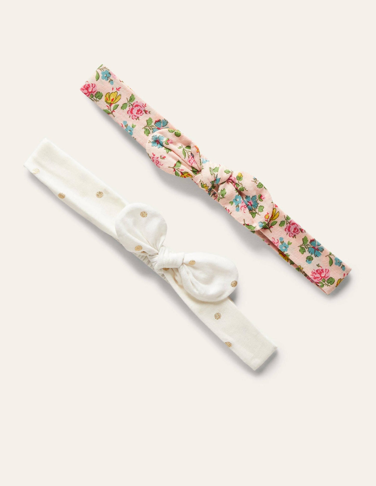 2 bandeaux à nœud-Motif floral rose/pois dorés