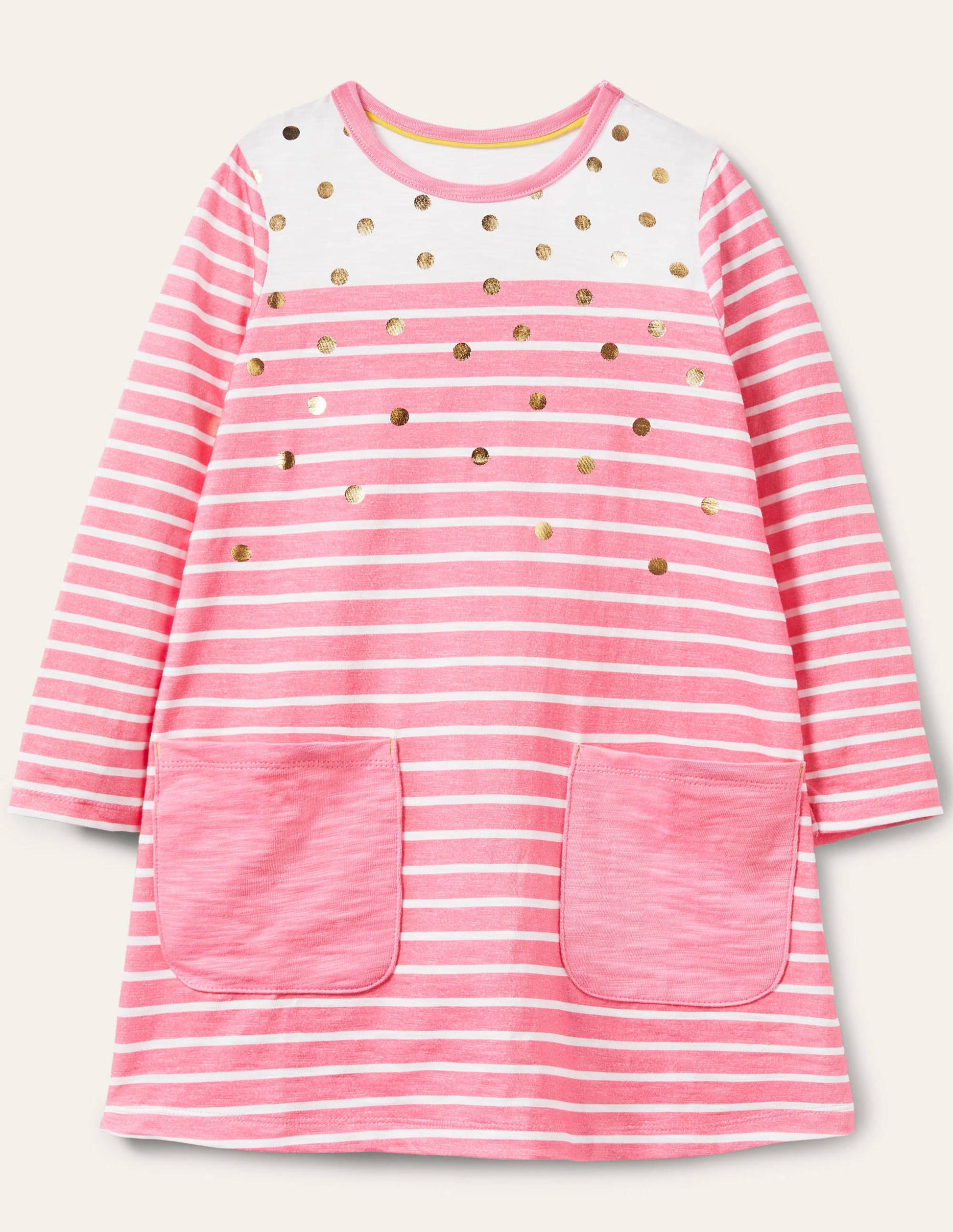 Fröhliches Jerseykleid mit Tasche-Limonadenrosa, Goldtupfen-1