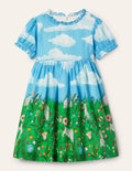Webkleid mit Rüschenkragen-Bunt, Häschenszene
