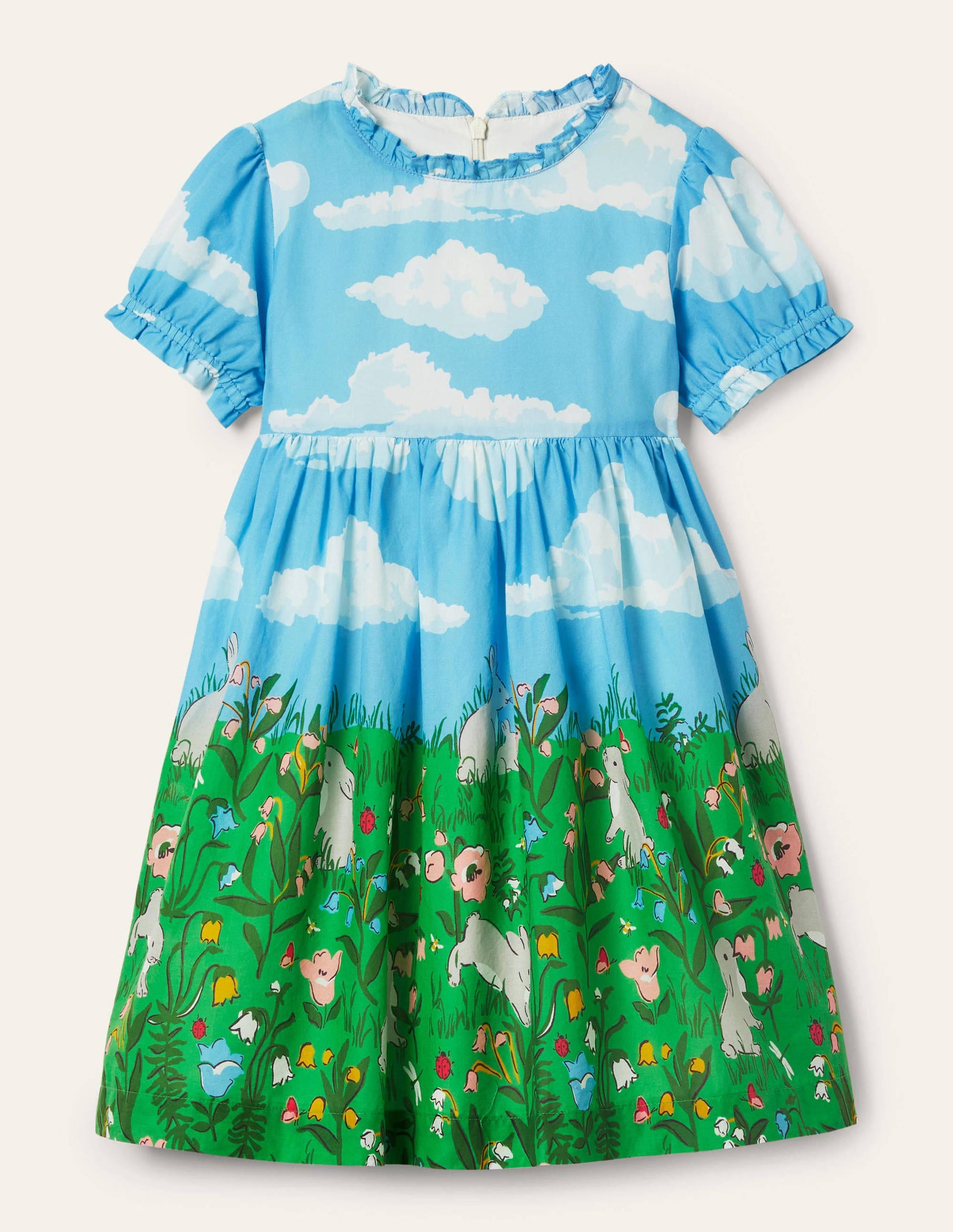 Webkleid mit Rüschenkragen-Bunt, Häschenszene-1