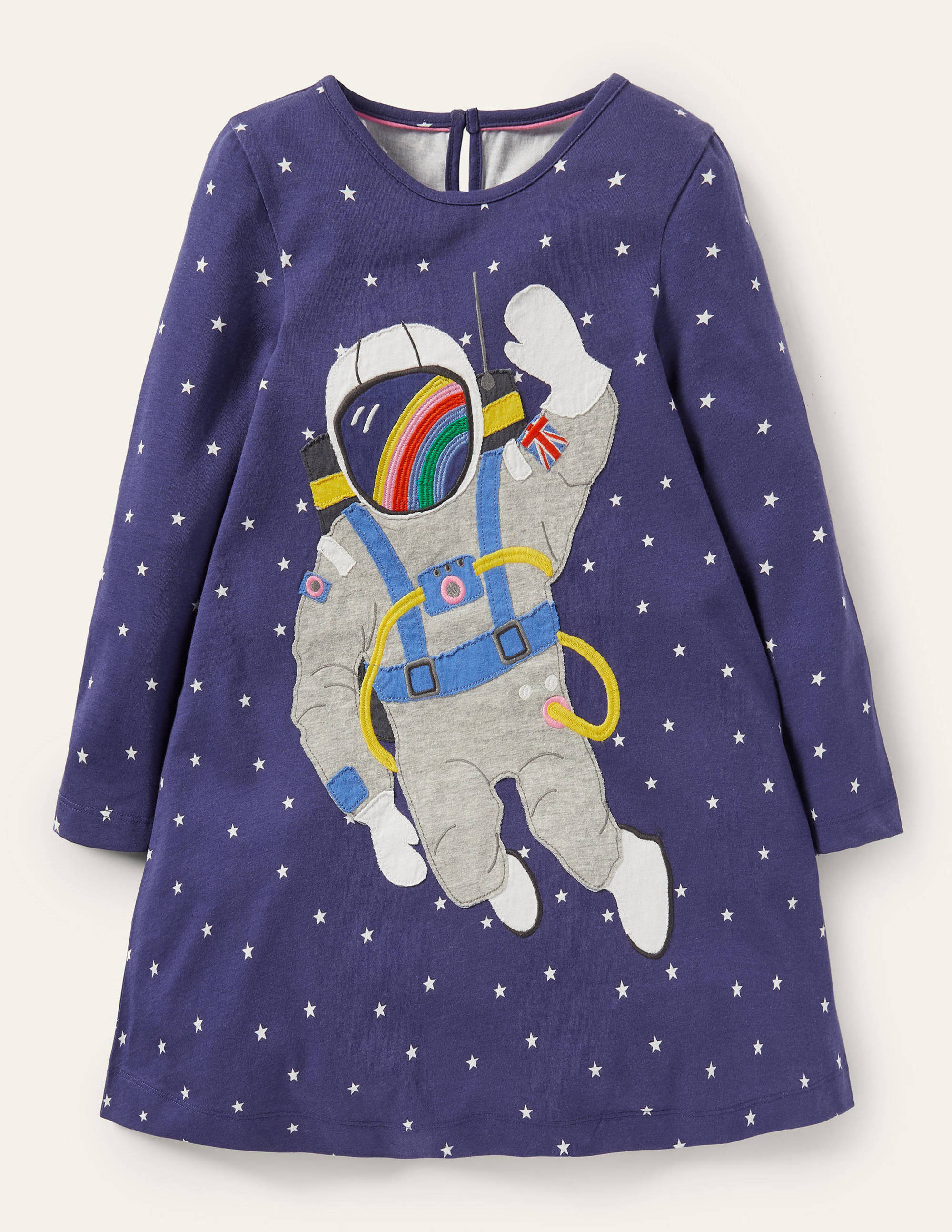 Big Appliqué Jersey Dress-Starboard Blue Space Scene - Image 1