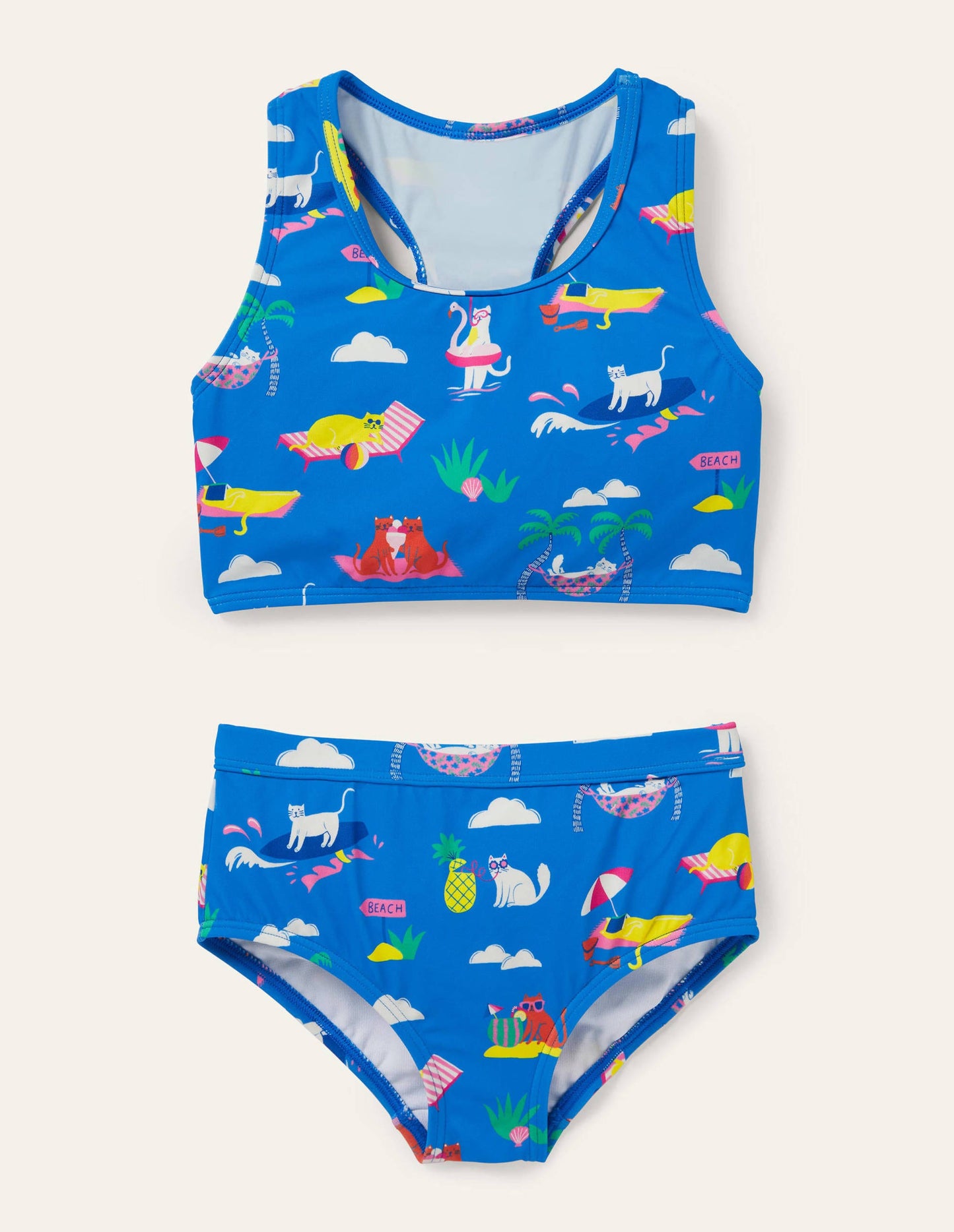Bikini-Set mit Racerback-Marokkoblau, Katzen im Sommerurlaub
