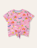 Tie-front T-shirt-Plum Blossom Pink Holiday Cats