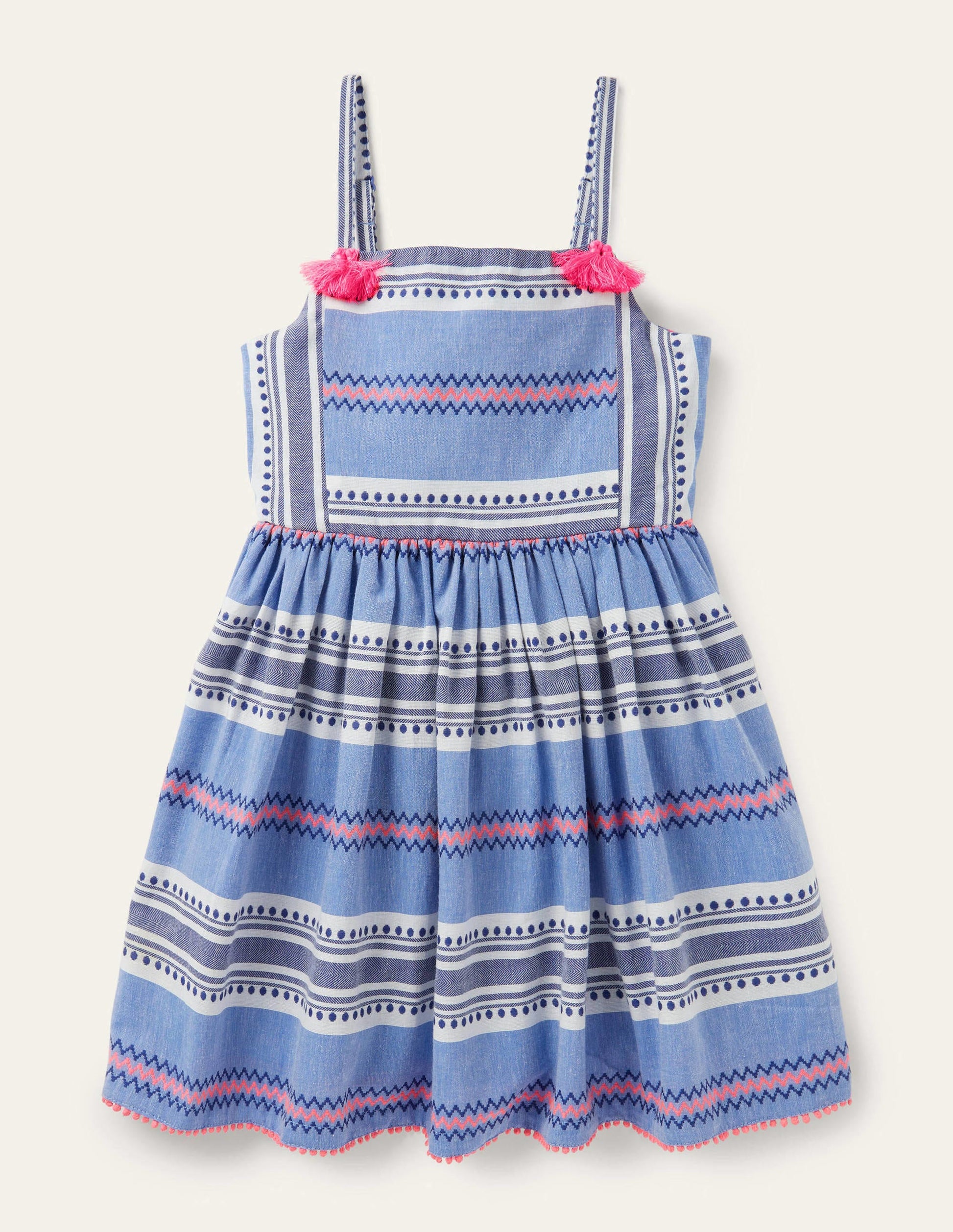 Gestreiftes Sommerkleid mit Quasten-Segelblau/Pink, Sonnenuntergang-1