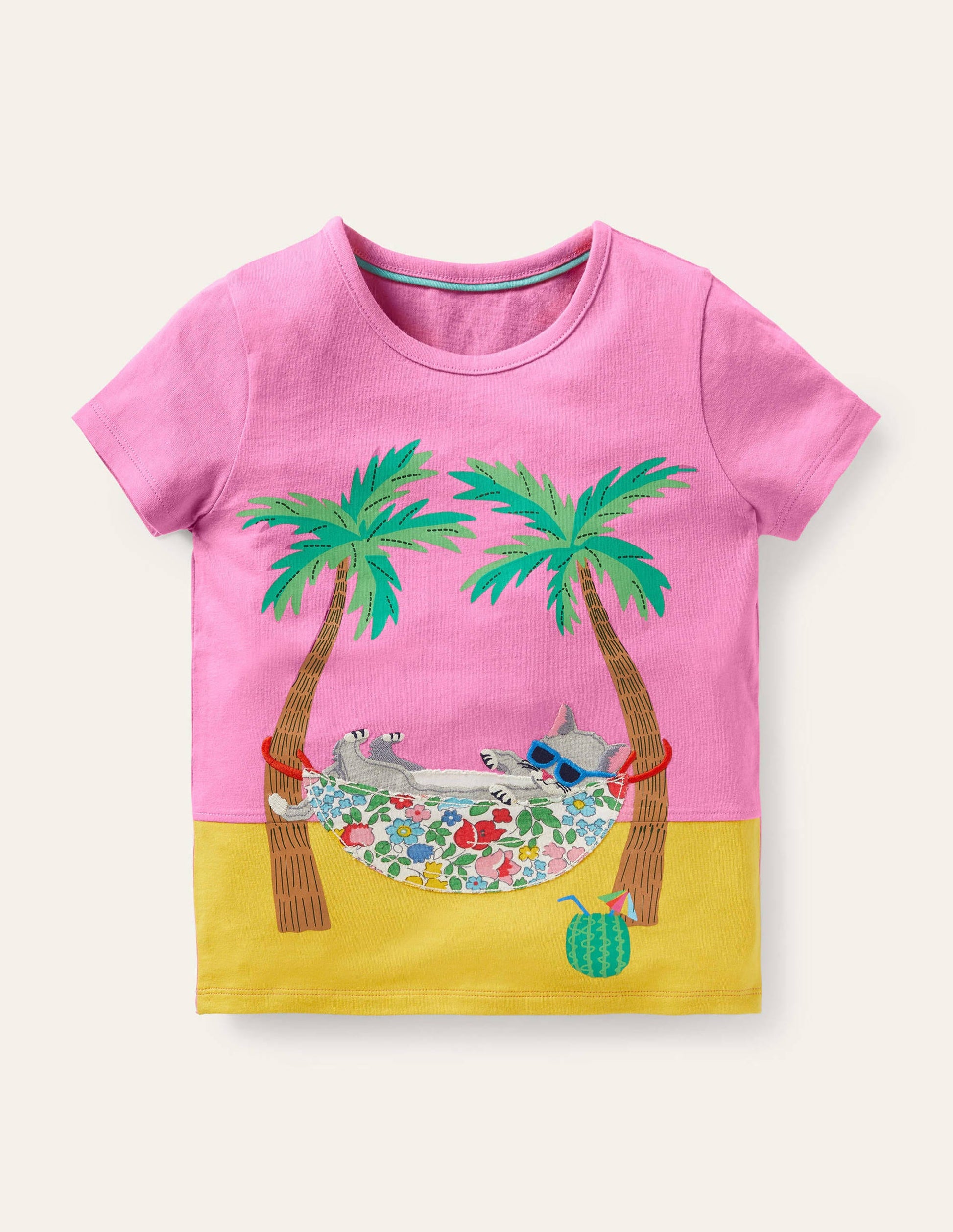 T-Shirt mit fröhlicher Tierapplikation-Pflaumenblütenrosa, Katze-1