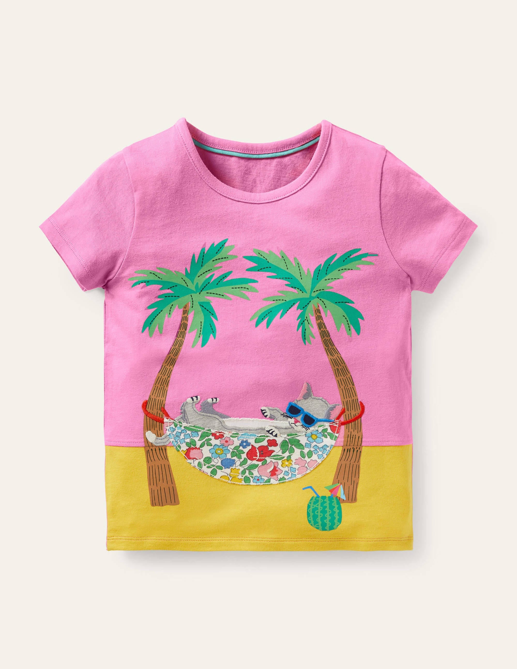 T-Shirt mit fröhlicher Tierapplikation-Pflaumenblütenrosa, Katze - Image 1