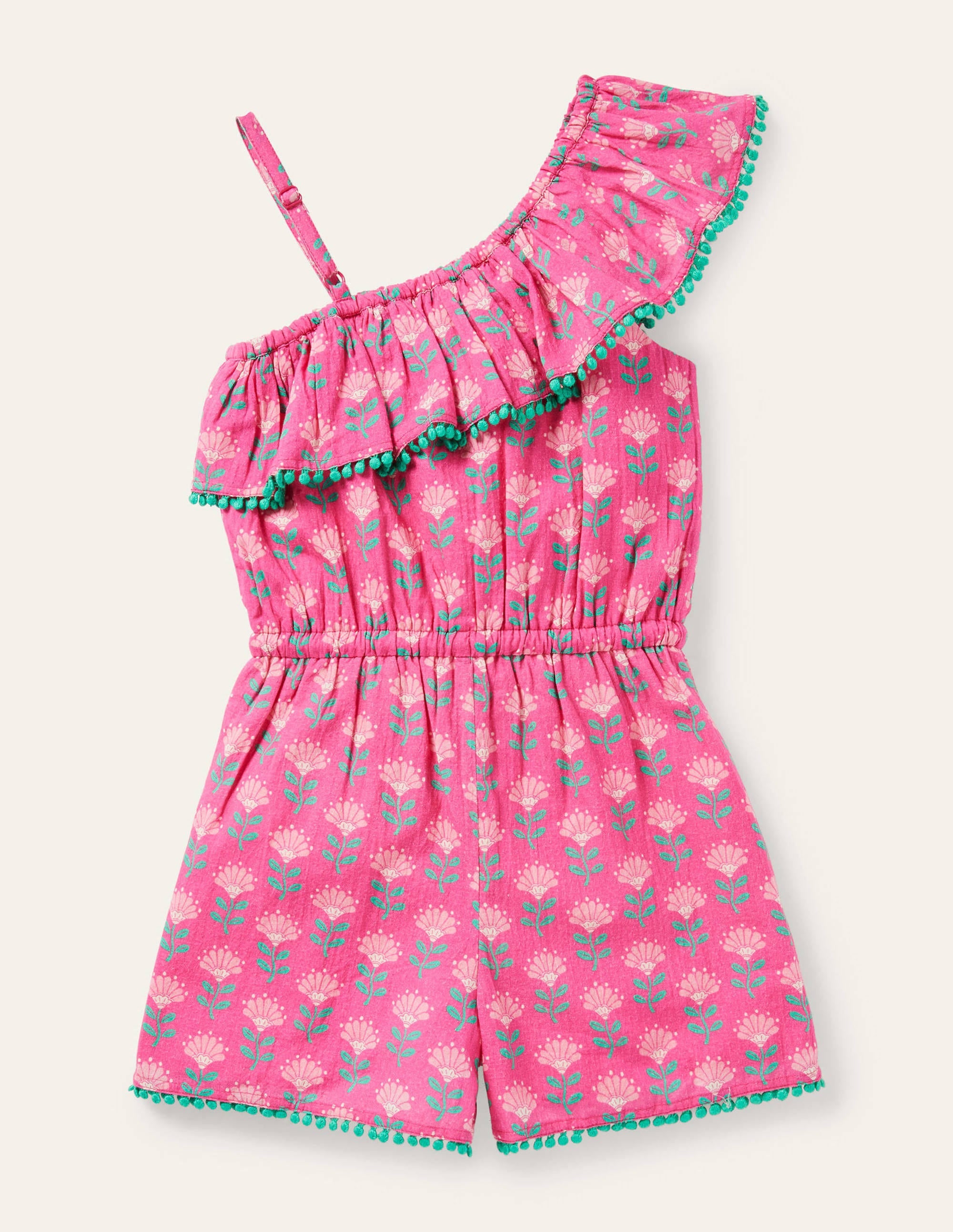 One Shoulder Ric Rac Playsuit-Tickled Pink Woodblock - Image 2