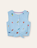Top à nouer tissé et brodé-Broderie vacances multi