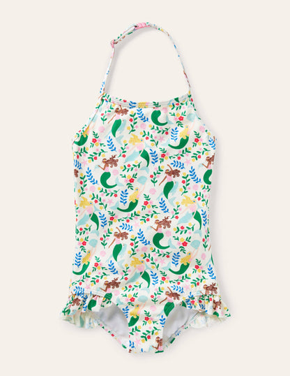 Neckholder-Badeanzug-Naturweiß, Meerjungfrauen-Garten