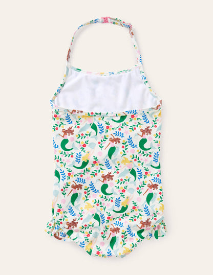 Neckholder-Badeanzug-Naturweiß, Meerjungfrauen-Garten