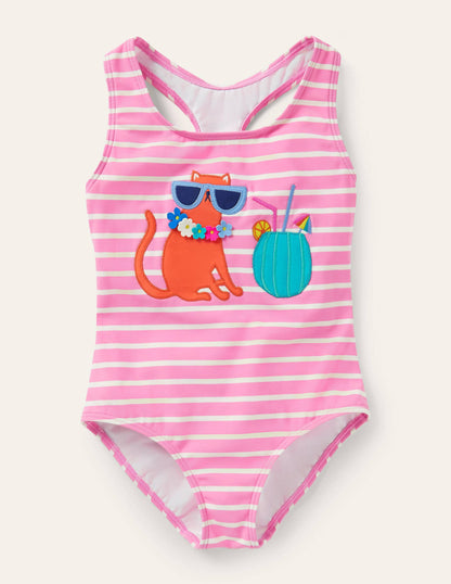 Badeanzug mit Racerback und Logo-Pflaumenblütenrosa/Naturweiß, Katze-2
