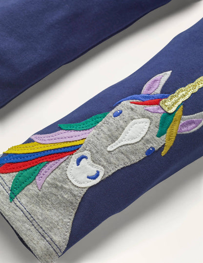 Fröhliche Leggings mit Applikation-Schuluniform-Navy, Einhorn