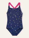 Maillot de bain imprimé croisé dans le dos-Pois dorés bleu harmonie