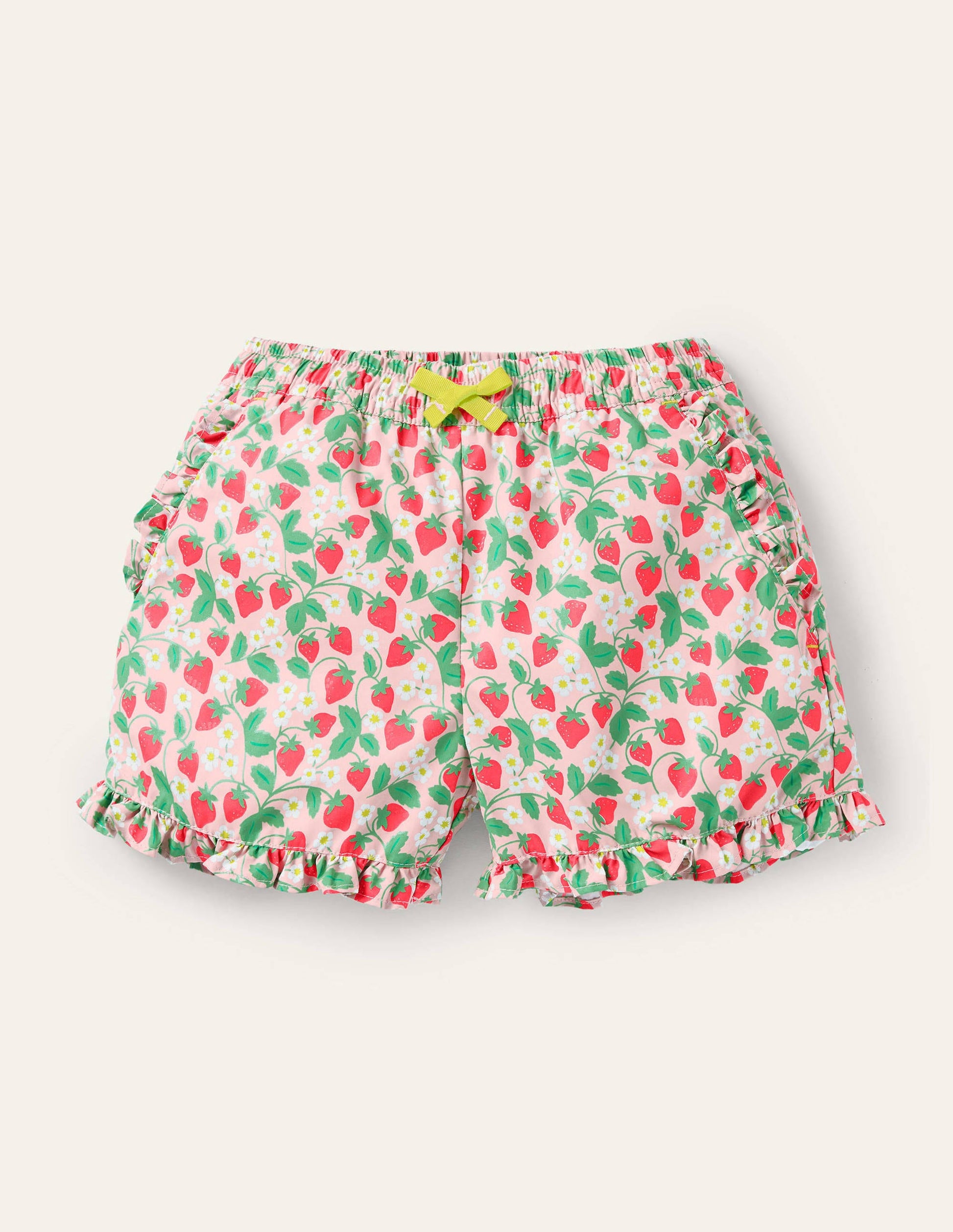 Shorts mit gerüschtem Saum-Delfinrosa, Filigranes Erdbeermuster-1