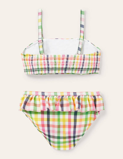 Nostalgischer Bikini mit Smokdetail-Bunt, Regenbogenfarbene Vichykaros