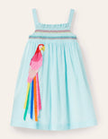 Sommerkleid mit fröhlicher Applikation-Wasserblau, Feine Streifen/Papagei