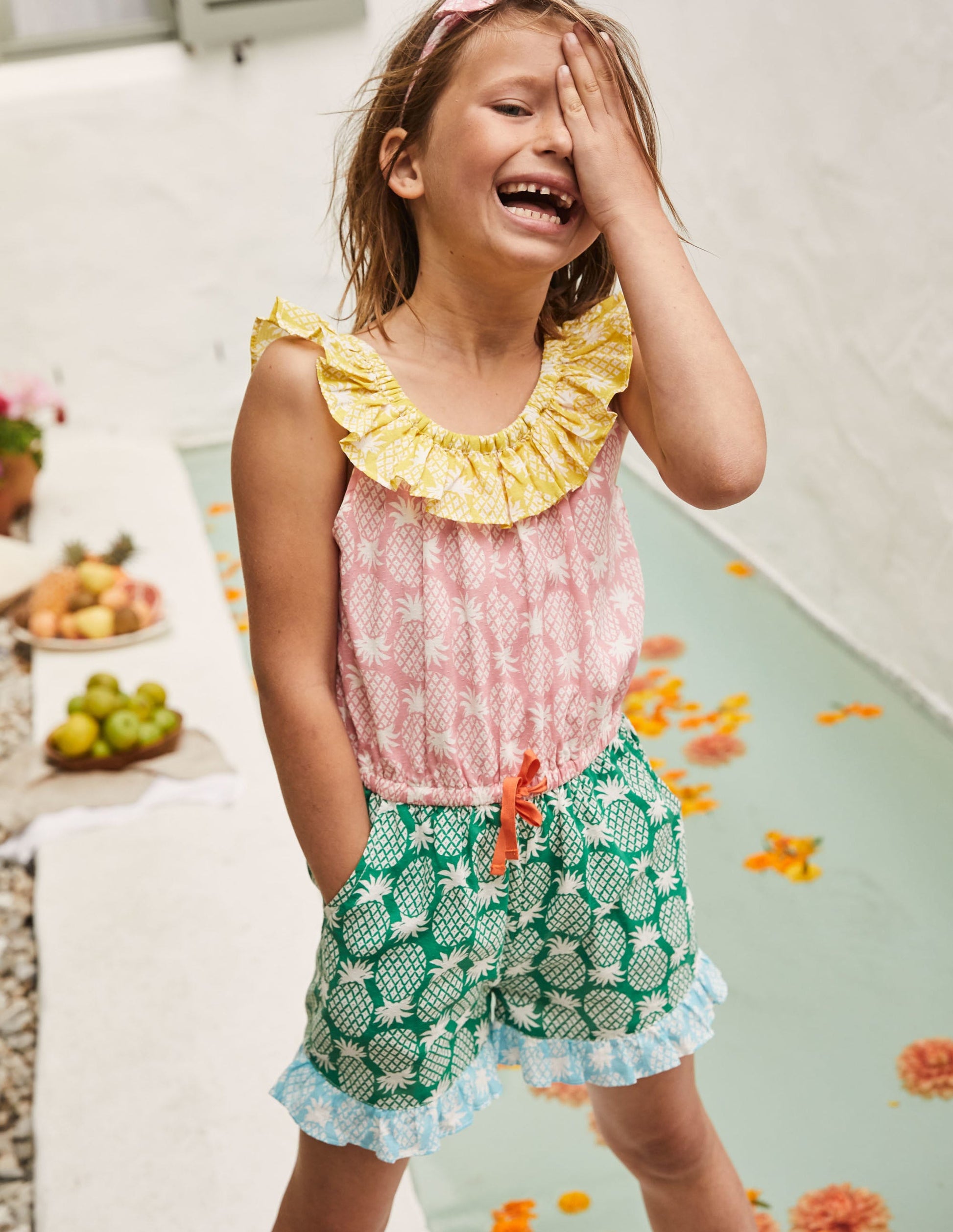 Frill Neck Playsuit-Multi Hotchpotch Pineapple Geo-4