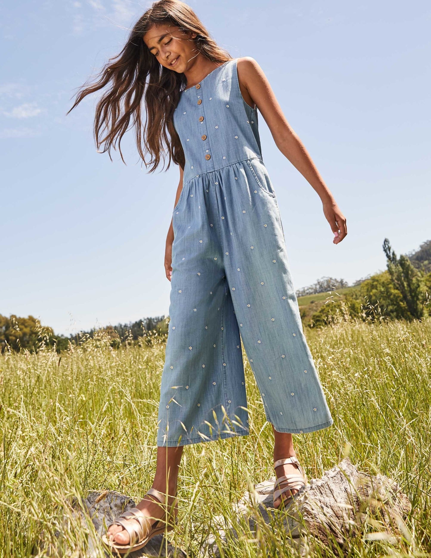 Combinaison bordée coupe large-Motif Daisy Chain chambray