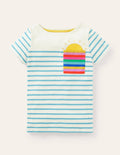 Kurzärmliges Bretonshirt-Naturweiß/Blau, Regenbogentasche