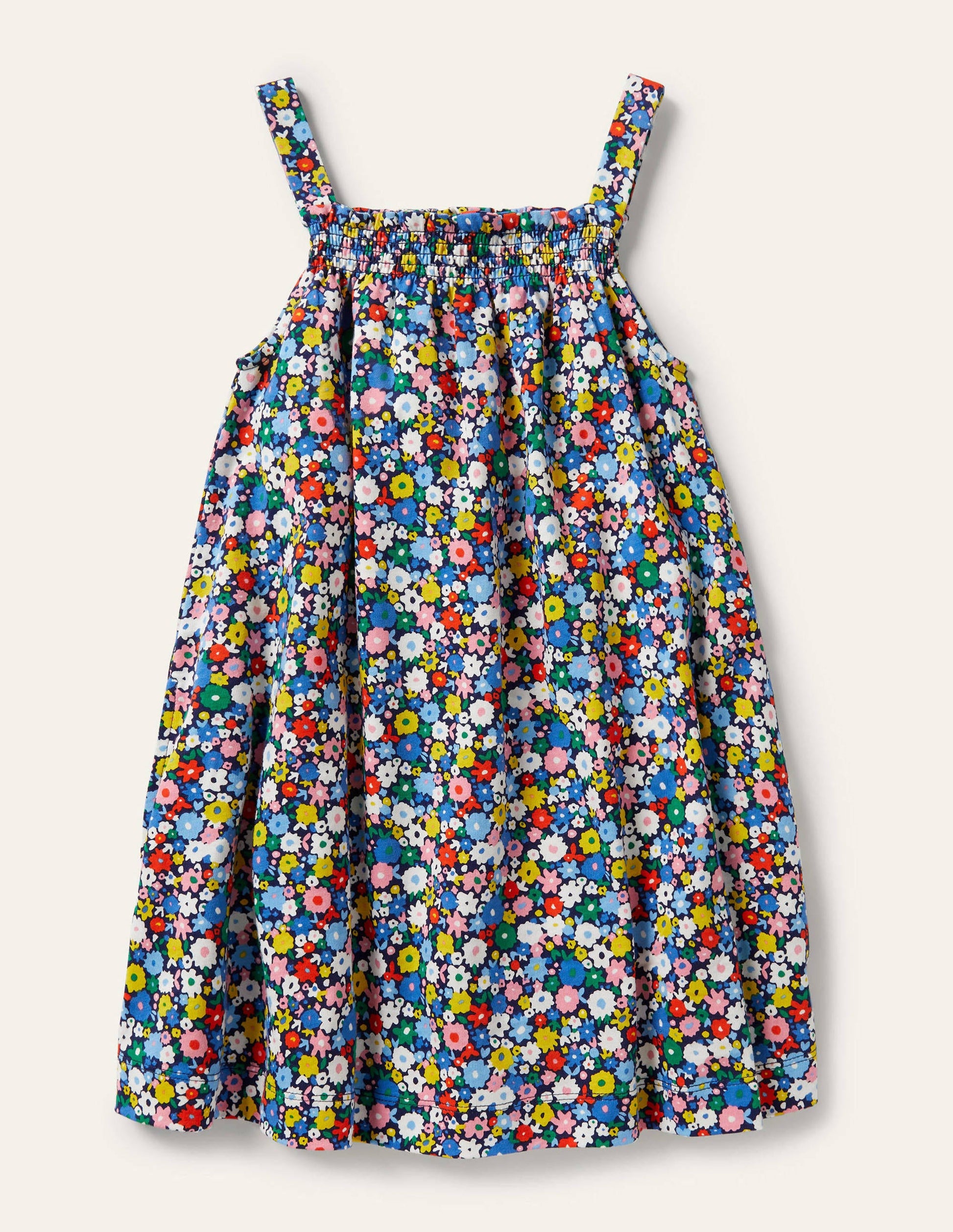 Gesmoktes Skortkleid-Elisabethanisches Blau, Blumenbeet-1