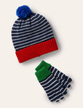 Gants et bonnet rayés en maille-Bleu marine universitaire/ivoire