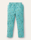 Pantalon à enfiler en velours côtelé doublé-Patchwork floral bleu givre
