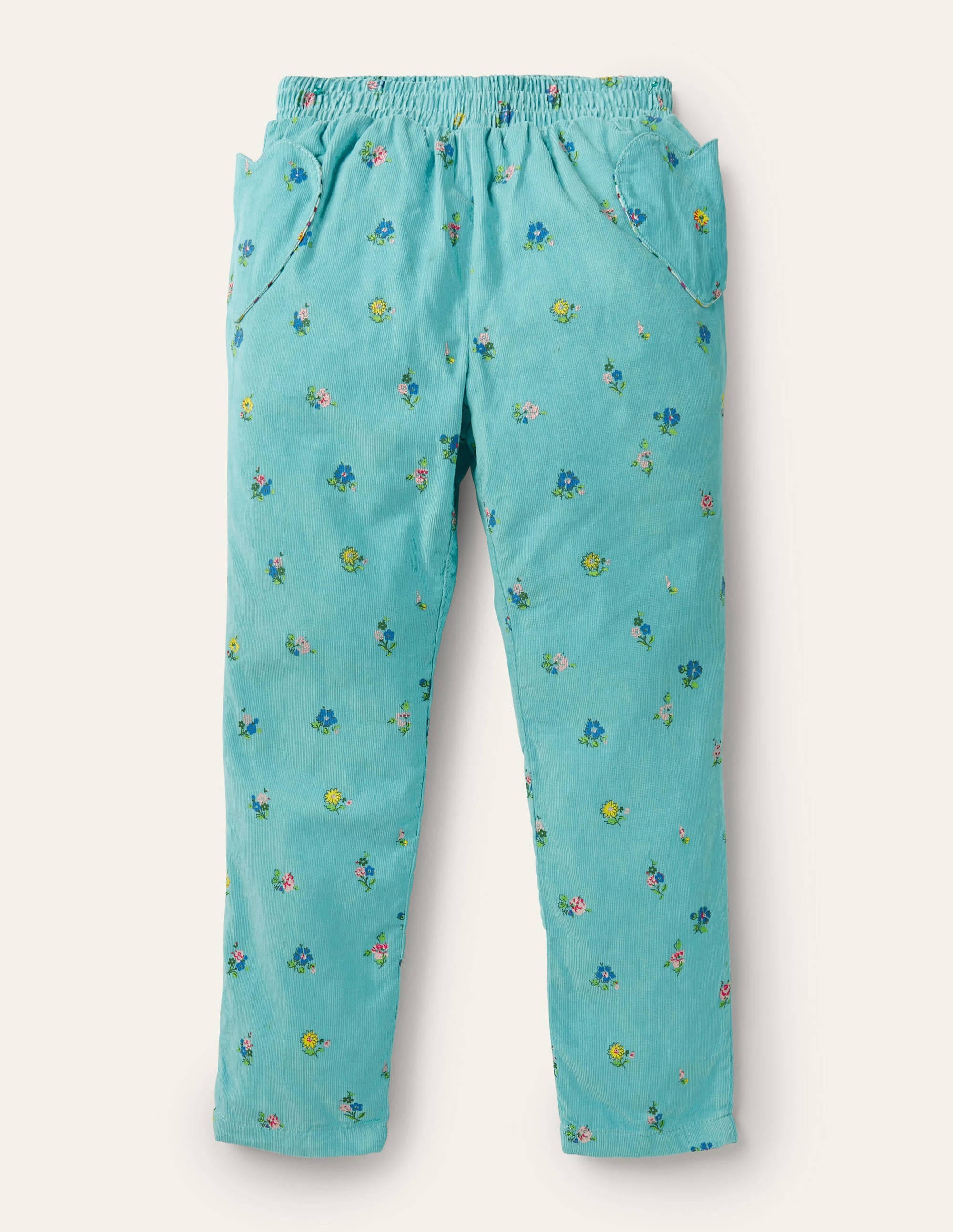 Pantalon à enfiler en velours côtelé doublé-Patchwork floral bleu givre - Image 1