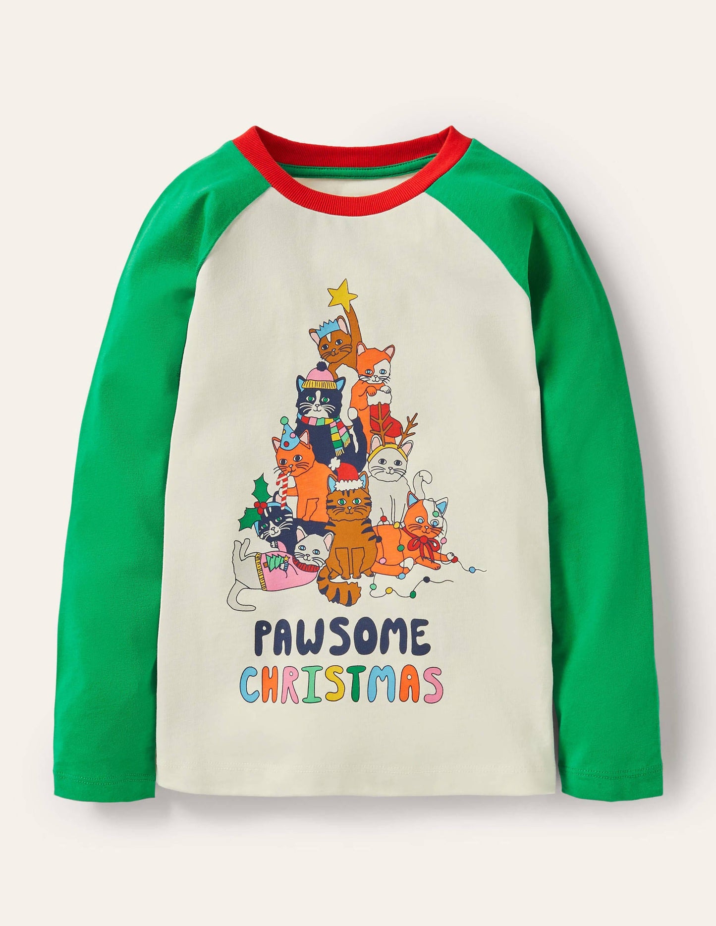 Raglan Festive Printed T-shirt-Green Pawsome Christmas