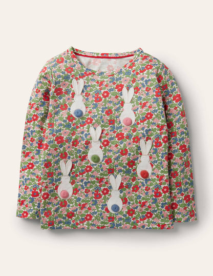 3D-Flatteroberteil-Bunt/Vintageblau, Blumen/Häschen