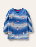 T-shirt rayé et brodé-Bleu élisabéthain/souris ivoire