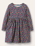 Fröhliches Jerseykleid mit langen Ärmeln-Segelblau/Herbstbeere, Blumenmuster