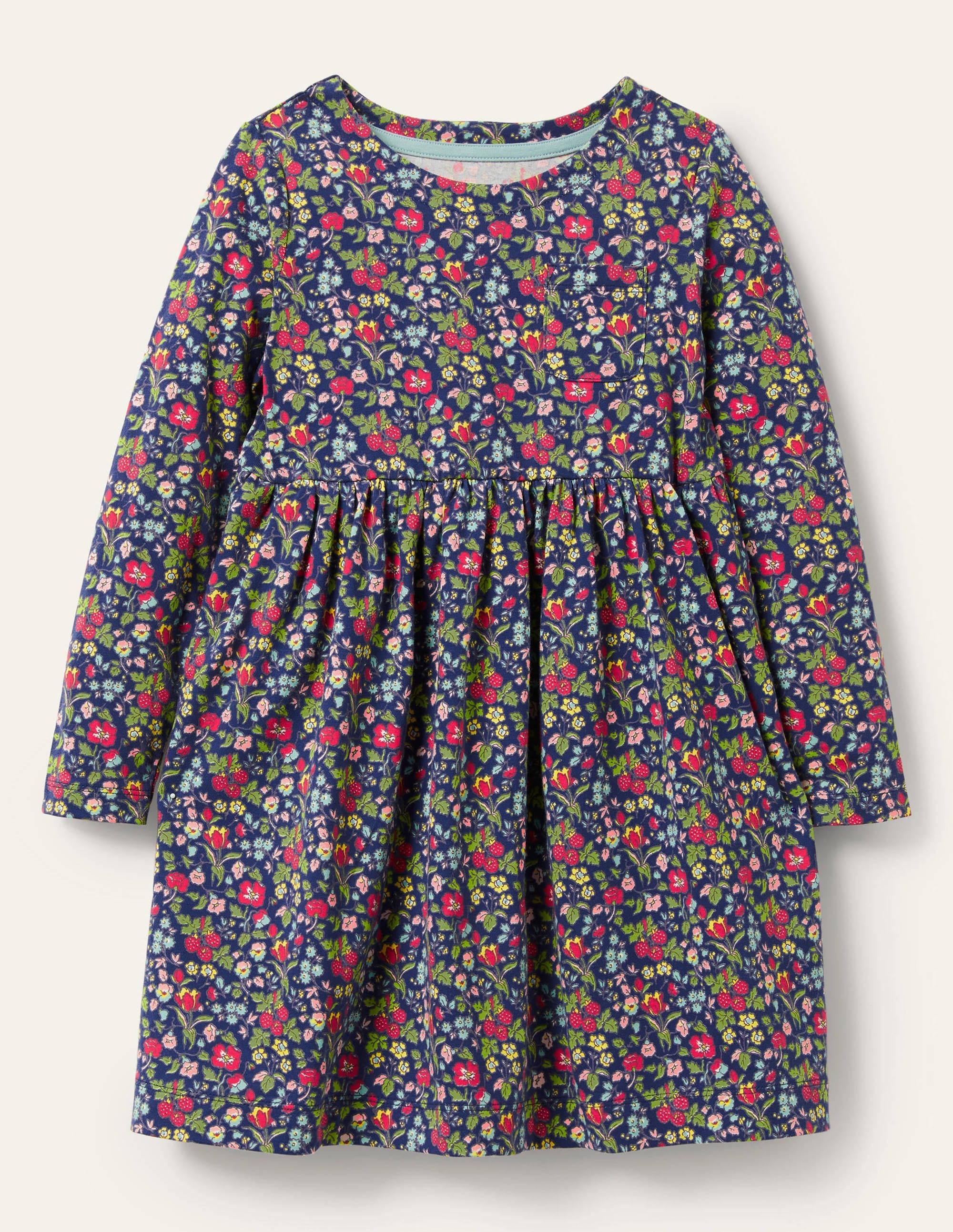 Fröhliches Jerseykleid mit langen Ärmeln-Segelblau/Herbstbeere, Blumenmuster - Image 1