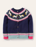 Gemütlicher Fair-Isle-Cardigan-Schuluniform-Navy, Einhörner
