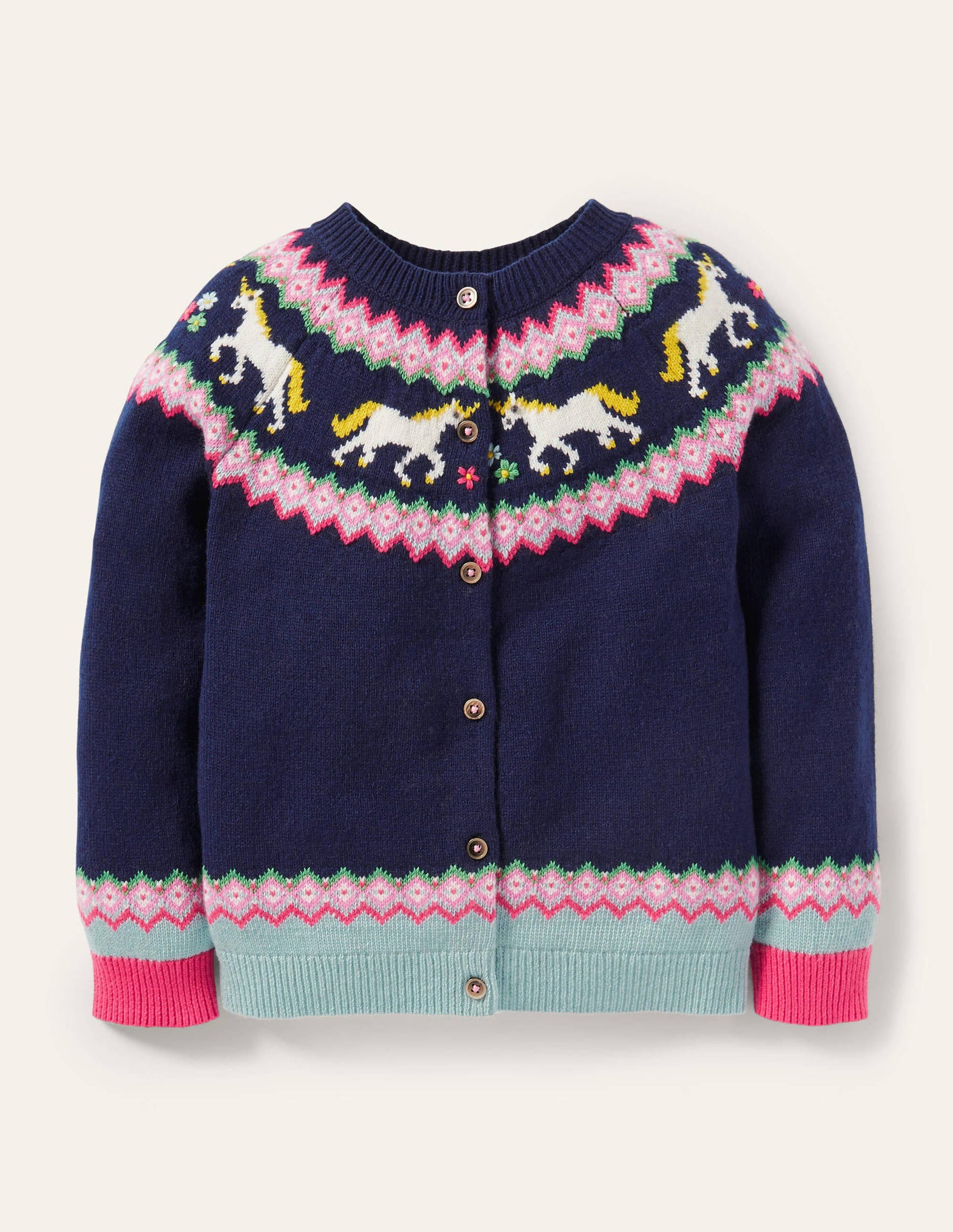 Gemütlicher Fair-Isle-Cardigan-Schuluniform-Navy, Einhörner-1