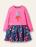 Robe à motif pêle-mêle et appliqué-Fées de la forêt bleu tribord