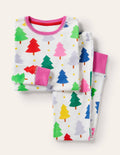 Snug Long John Pyjamas-Ivory Rainbow Christmas Trees