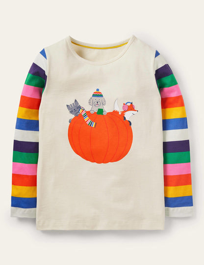 Mustermix-T-Shirt mit Tiermotiv-Bunt/Naturweiß, Gestreift/Kürbis