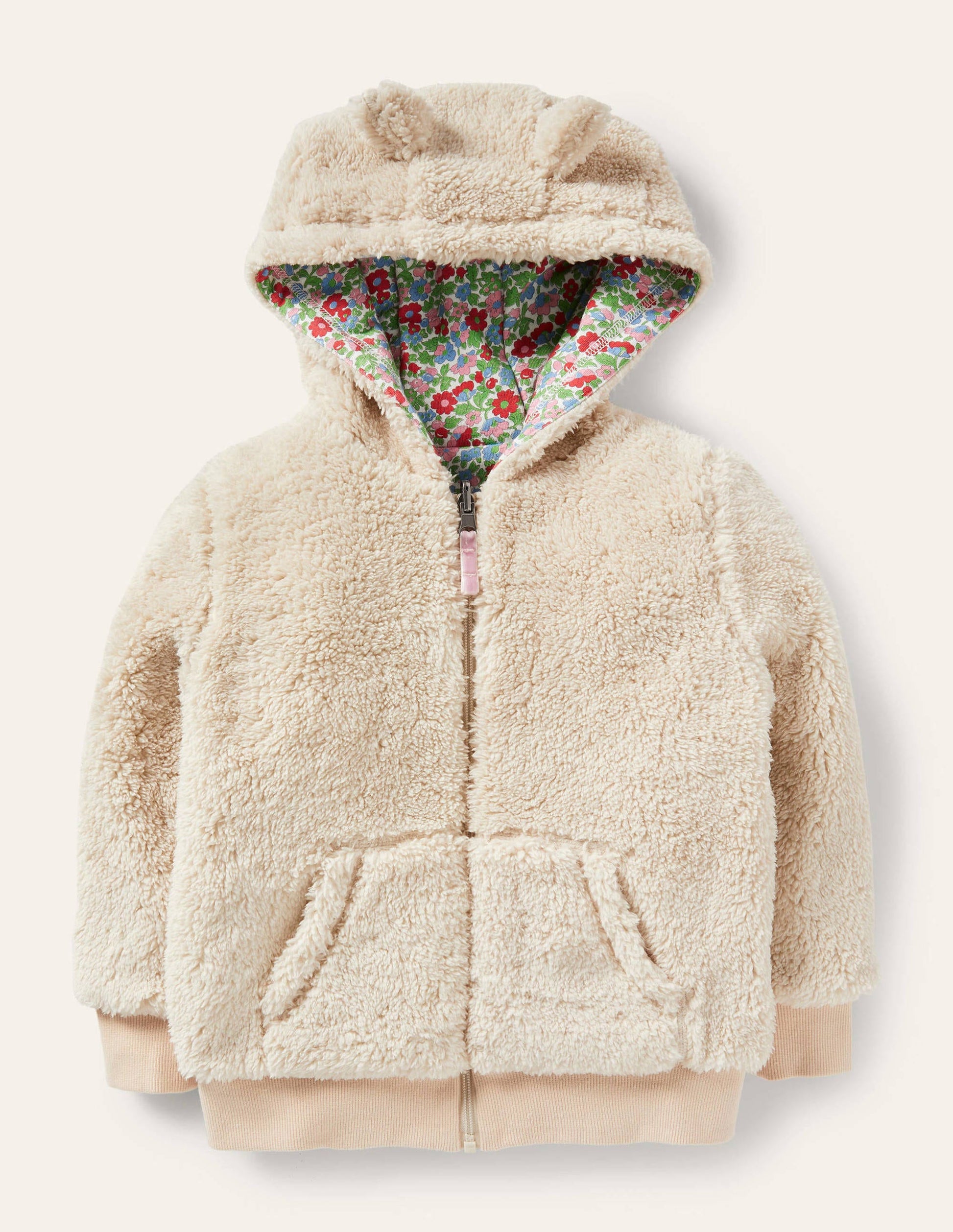Gemütlicher Wende-Hoodie aus Borg-Beige, Vintage-Blumenmuster-1