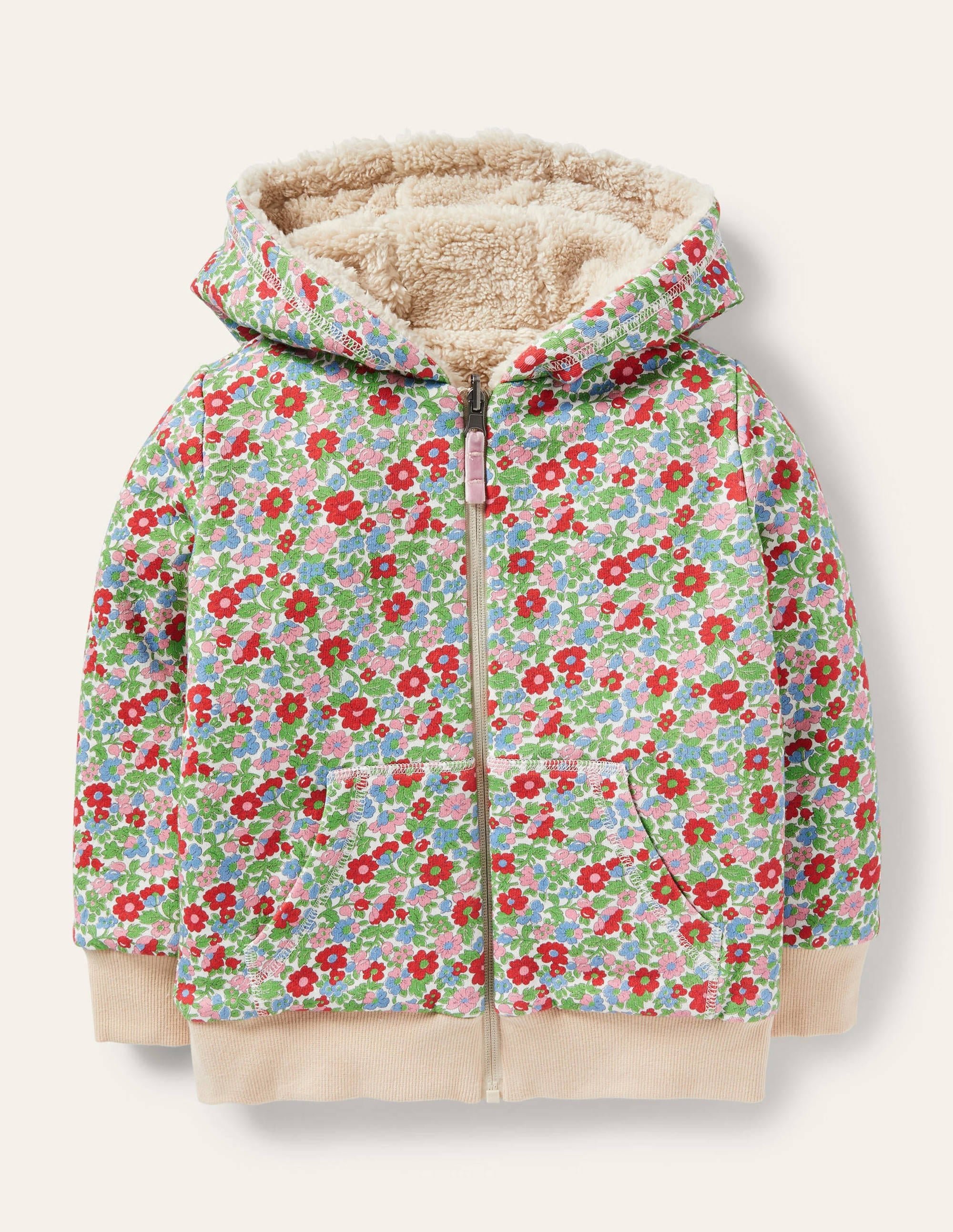 Gemütlicher Wende-Hoodie aus Borg-Beige, Vintage-Blumenmuster - Image 4